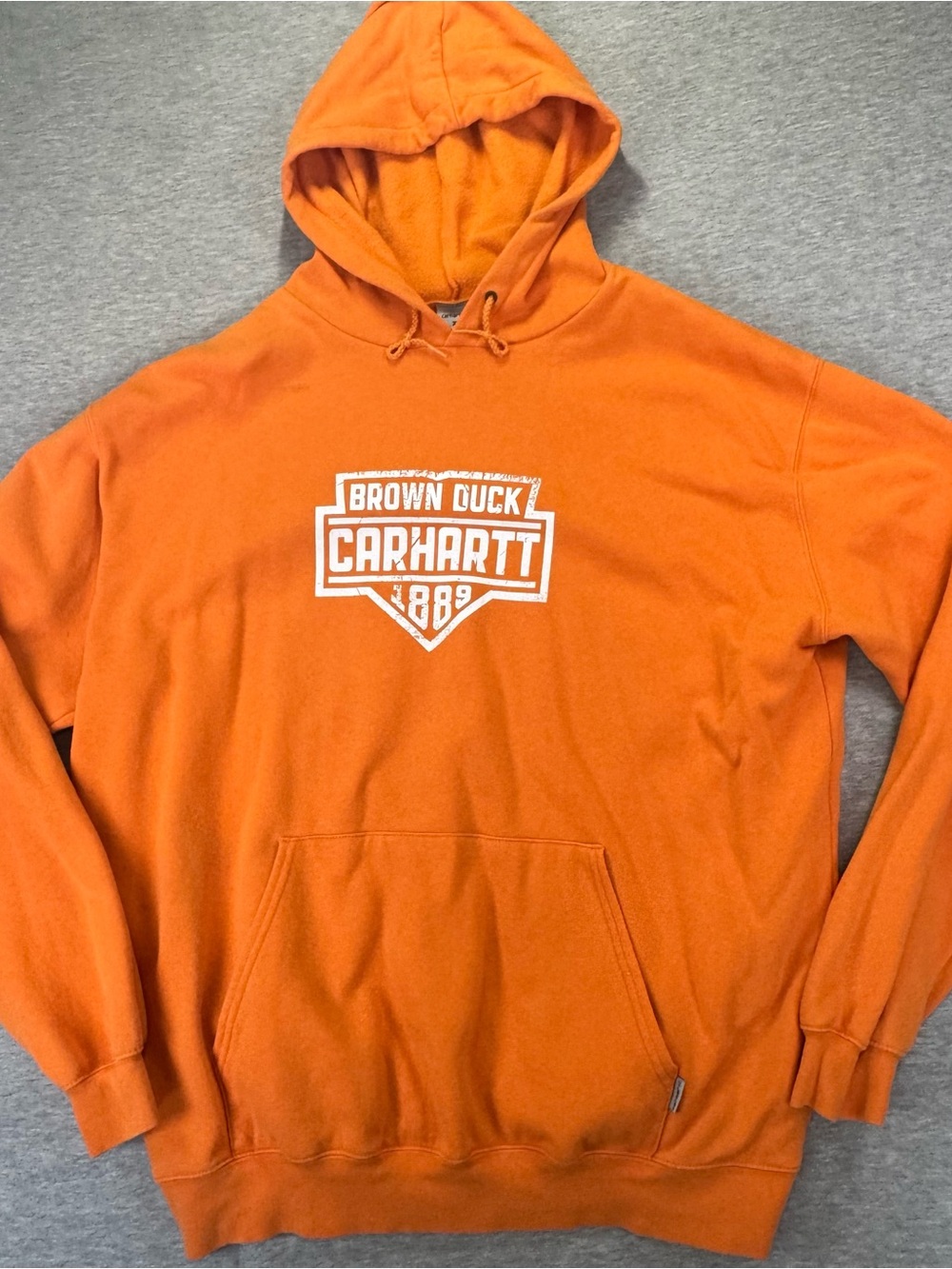 Carhartt Men's Orange Loose Fit Pullover Brown Duck Hoodie White Graphic Size XL